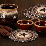 Revere braided trivet set of 3 in natural, country black, and bright red jute blend with star appliqué