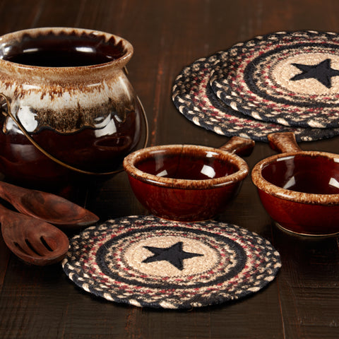 Revere braided trivet set of 3 in natural, country black, and bright red jute blend with star appliqué