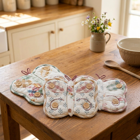 Revised cottage kitchen image with exactly three pot holders requested