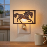 Running Horse Night Light plugged into a farmhouse kitchen outlet