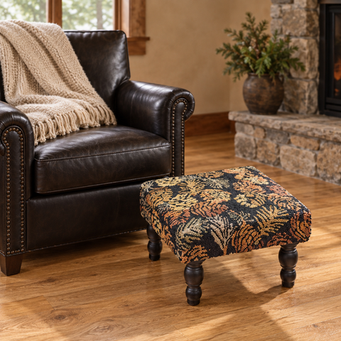 Rustic Pinecone Hooked Stool in a woodland reading nook