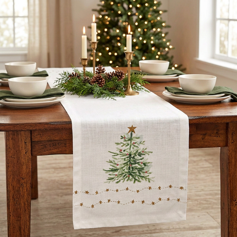 Table runner lifestyle image with lit candles