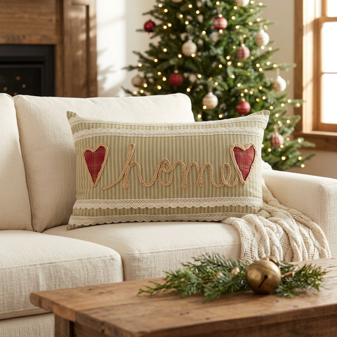 Sage Winds Home Pillow in a cozy Christmas living room