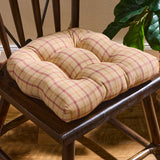 Simmons Plaid Chair Cushion Pad  close up tied to a dark wood farmhouse dining chair with a fiddle leaf fig in the background