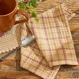 Simmons plaid dishcloth set of 3 in tan, cream, light brown, and barn red waffle weave cotton
