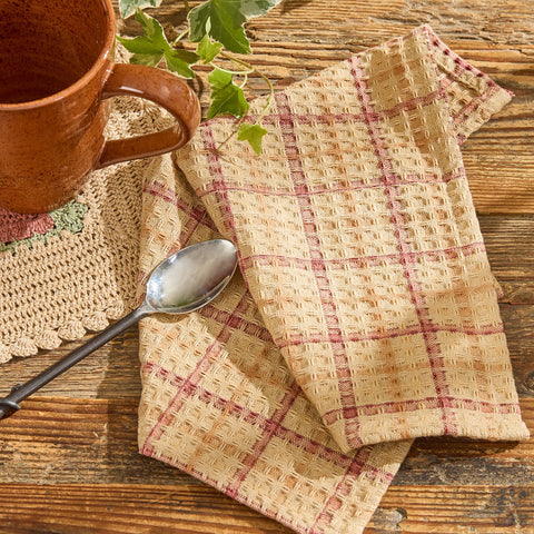 Simmons plaid dishcloth set of 3 in tan, cream, light brown, and barn red waffle weave cotton
