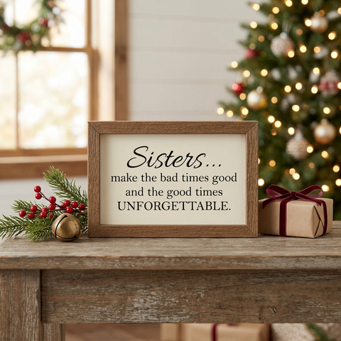 Sisters Good Times Unforgettable Wood Sign in a cozy Christmas setting