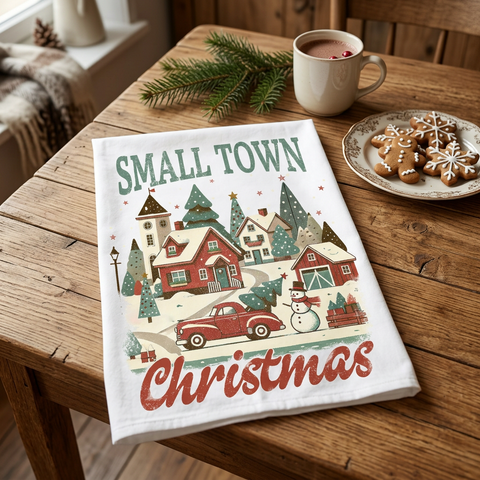 Small Town Christmas towel in a tabletop Christmas setting