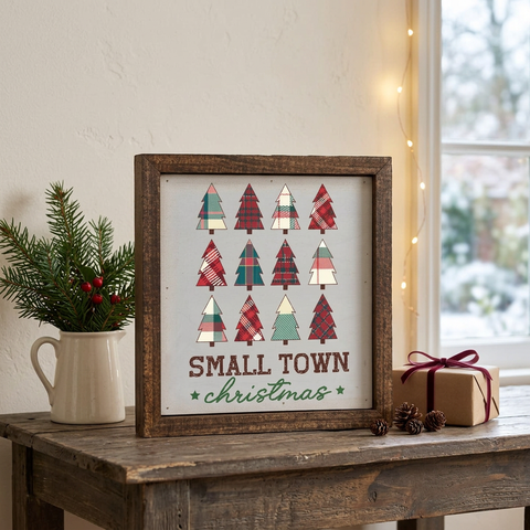 Small Town Christmas Wood Sign in a cozy Christmas console-table setting