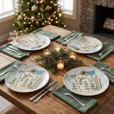 Snowman salad plate set of four in a Christmas table setting