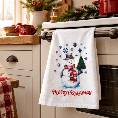 Snowman with Christmas Tree Flour Sack Towel in a Christmas kitchen