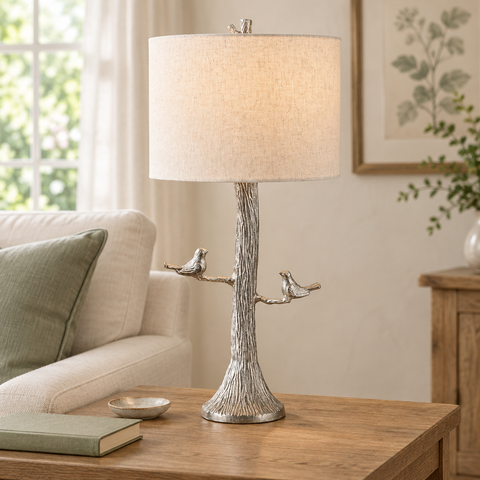 Songbird Lamp in an airy cottage living room