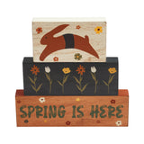 Spring Is Here Bunny Leap w/ Flowers Block Sign Set of 3-Lange General Store