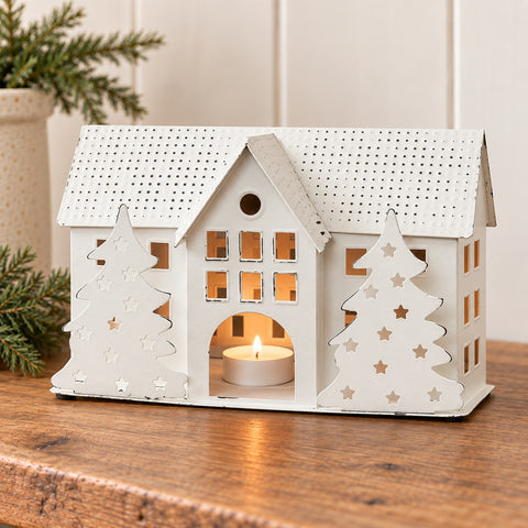 Tealight Holder Metal Village House B Antique White