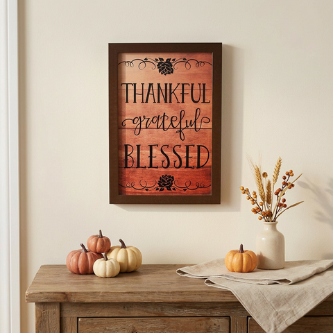Thankful Grateful Blessed Wall Sign in a fall farmhouse entryway