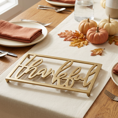 Thankful Trivet on warm ivory linen in a Thanksgiving table setting