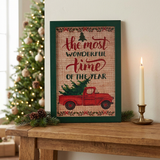 The Most Wonderful Time Truck Burlap Framed Sign in a Christmas console-table setting