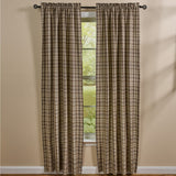 Tinderbox Brown Plaid Long Panel Curtains hanging on a rod in a farmhouse living room, set of 2 panels in brown, oatmeal and espresso plaid, 84 inches long