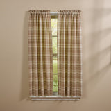 Tinderbox Brown Plaid Short Panel Curtains 63" styled open on a window with natural light, showing full-length farmhouse plaid cotton panels in brown and oatmeal