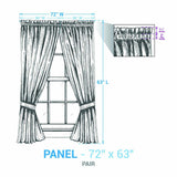 Dimension diagram for Tinderbox Brown Plaid Short Panel Curtains showing 72" total width (two 36" panels), 63" length, 1.5" ruffle header and 2" rod pocket