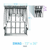 Dimension diagram for Tinderbox Brown Plaid Swags showing 72" total width (two 36" panels), 36" length, 1.5" ruffle header and 2" rod pocket — sold as a pair