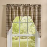 Tinderbox Brown Plaid Swags hung on a window, farmhouse cotton swag valance in brown, oatmeal and espresso plaid with scalloped drape and rod pocket header