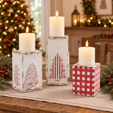 Tree Pillar Candle Holder Set in a Christmas farmhouse setting