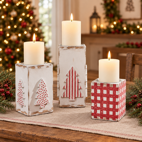 Tree Pillar Candle Holder Set in a Christmas farmhouse setting