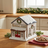 Vintage General Store Cookie Jar in a Christmas kitchen setting