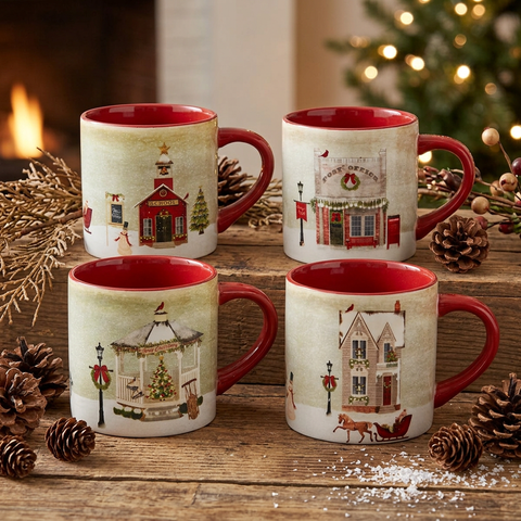 Square Christmas lifestyle image of the Vintage Village Mug Set of 4 on rustic wood with pinecones and warm fireplace light