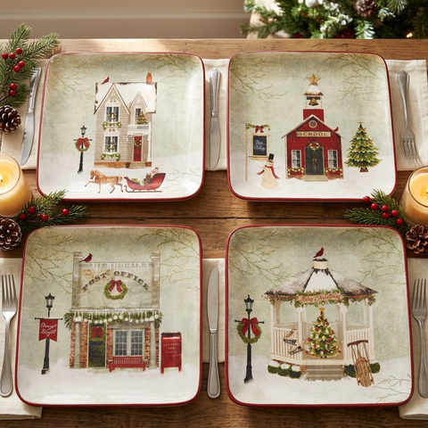 Vintage Village Salad Plates in a square Christmas table setting