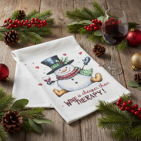 A white kitchen flour sack tea towel featuring a festive snowman wearing a black top hat and a red patterned scarf, holding a glass of red wine. The text 'WINE is cheaper than THERAPY!' is printed below in red and black.