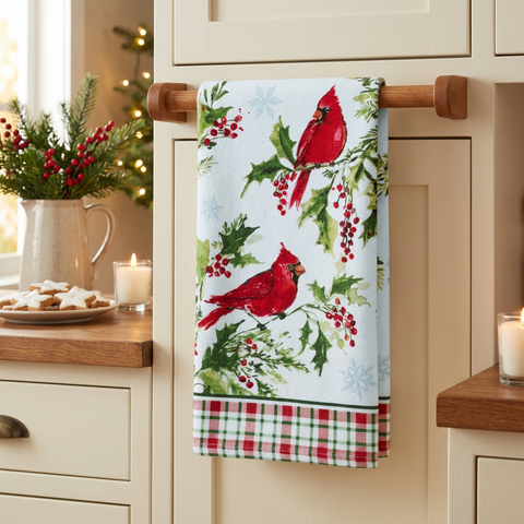 Winterberry Cardinal Terry Towel in a square Christmas kitchen setting