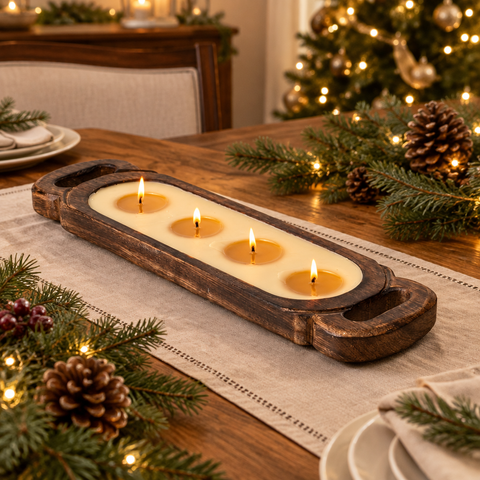 Four-wick candle in a Christmas setting