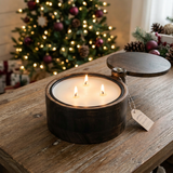 Wooden Spice Pot Christmas scene with attached hinged lid open and three lit wicks
