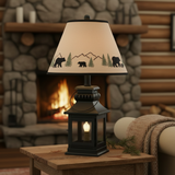 Black bear lamp shade on Cambridge lantern in a rustic cabin