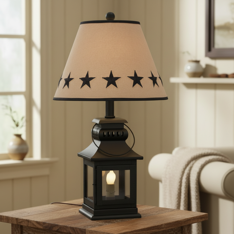 Cambridge black lantern lamp with black star shade in a cozy farmhouse setting