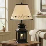 Cambridge black lantern lamp with exact berry-vine and two-star shade