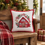 Candy Cane Cottage Pillow on a Christmas-themed wooden bench