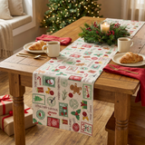 Christmas Stamps runner styled for a cozy Christmas morning breakfast