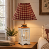 Dorset Lantern Lamp with Bridgeton Wine plaid shade in a farmhouse living room