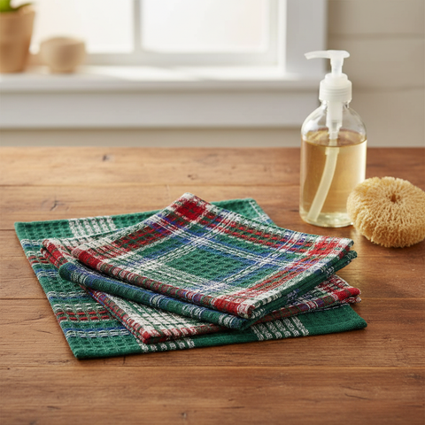 Hard Candy Plaid Dishcloth Set of 3 on a wood kitchen table