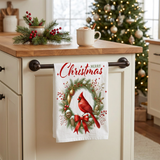 Merry Christmas Wreath Cardinal Bird Flour Sack Towel in a festive farmhouse kitchen