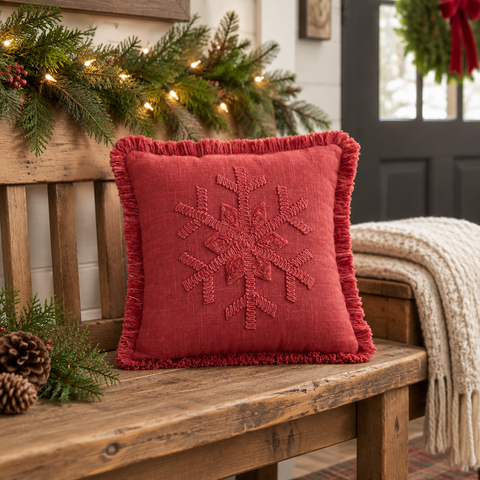 Red Snowflake Stone Washed Fringed Pillow on a Christmas-themed wooden bench